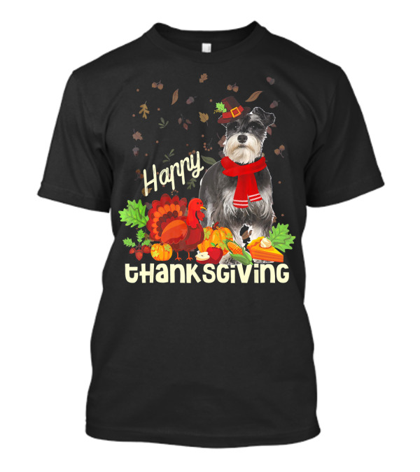 Happy Thanksgiving Pilgrim Miniature Schnauzer Turkey Pumpkin Pie Autumn Leaves T-Shirt