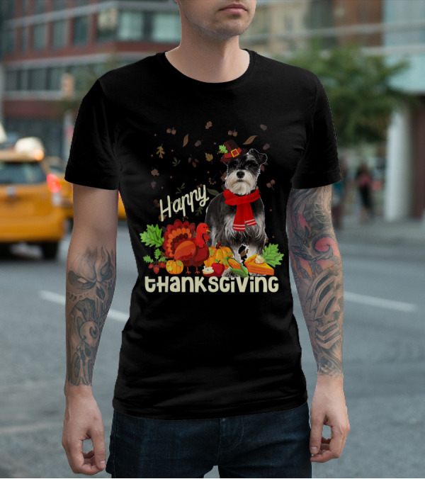 Happy Thanksgiving Pilgrim Miniature Schnauzer Turkey Pumpkin Pie Autumn Leaves T-Shirt