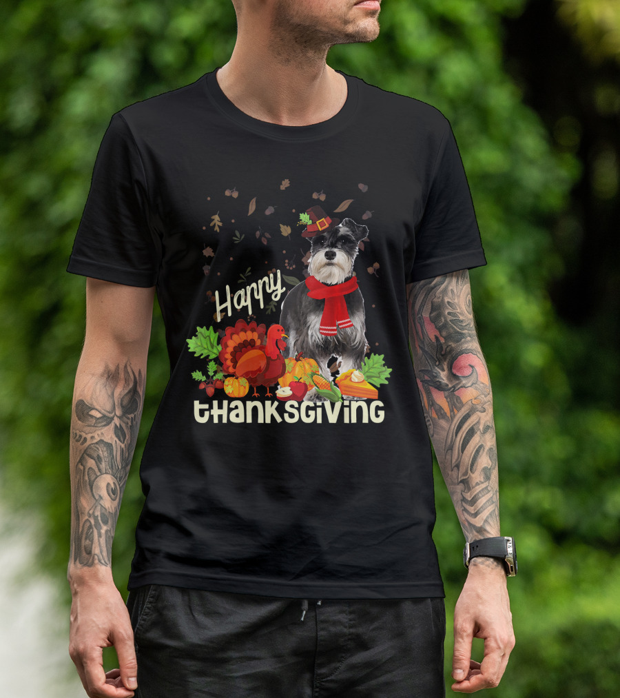 Happy Thanksgiving Pilgrim Miniature Schnauzer Turkey Pumpkin Pie Autumn Leaves T-Shirt