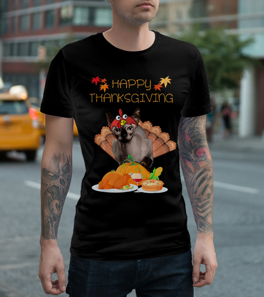 Happy Thanksgiving Sphynx Cat Turkey Feast T-Shirt