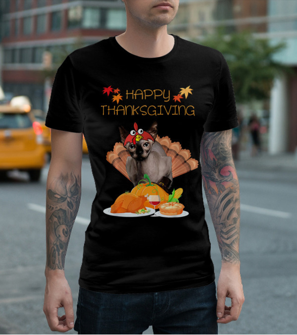 Happy Thanksgiving Sphynx Cat Turkey Feast T-Shirt
