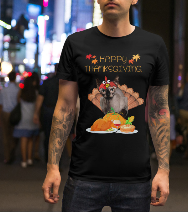 Happy Thanksgiving Sphynx Cat Turkey Feast T-Shirt