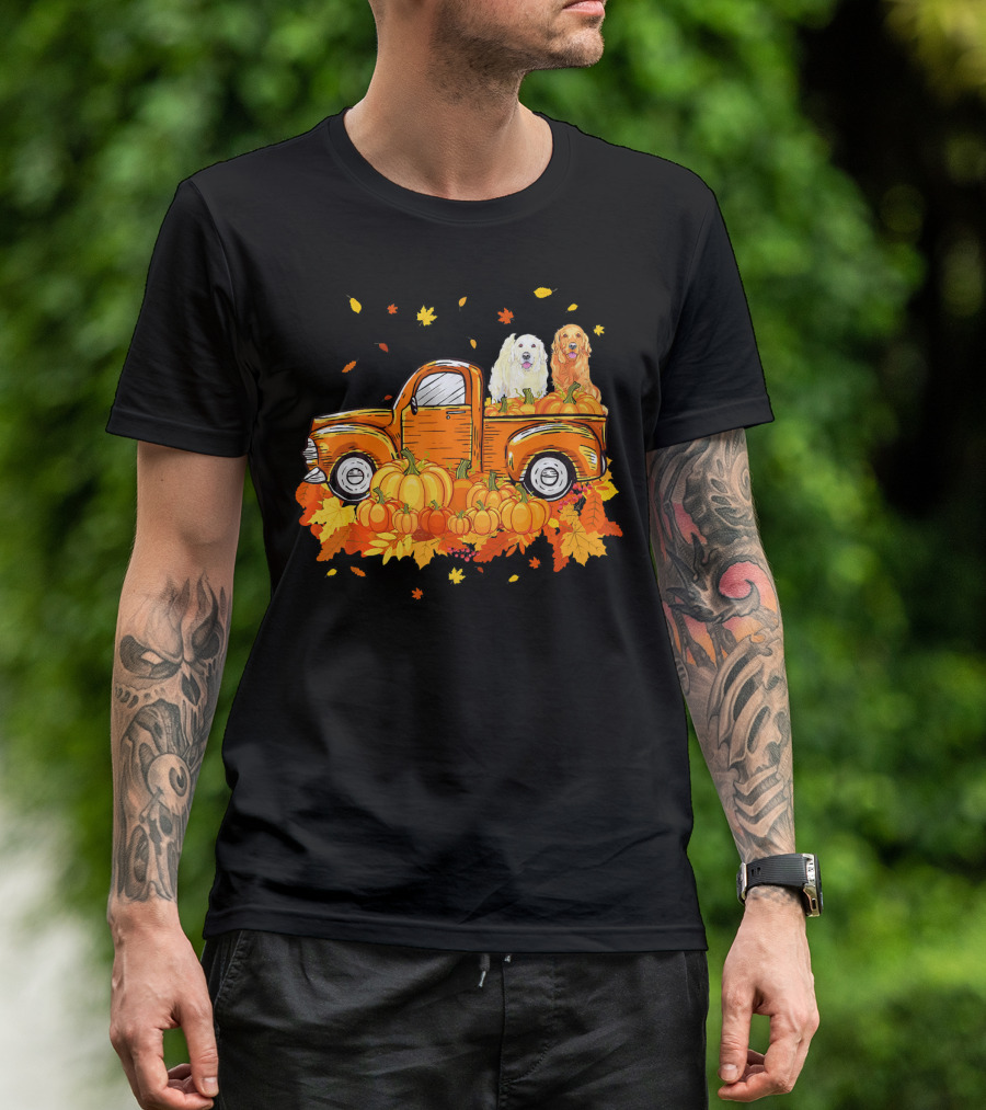 Golden Retriever Puppies In Vintage Pumpkin Truck With Autumn Leaves T-Shirt