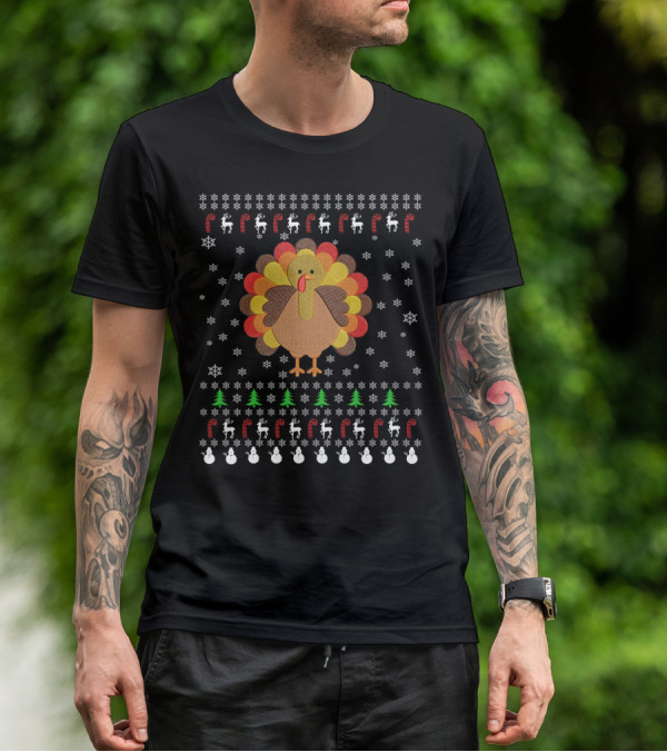 Thanksgiving Turkey With Snowflakes Reindeer Trees And Candy Canes T-Shirt