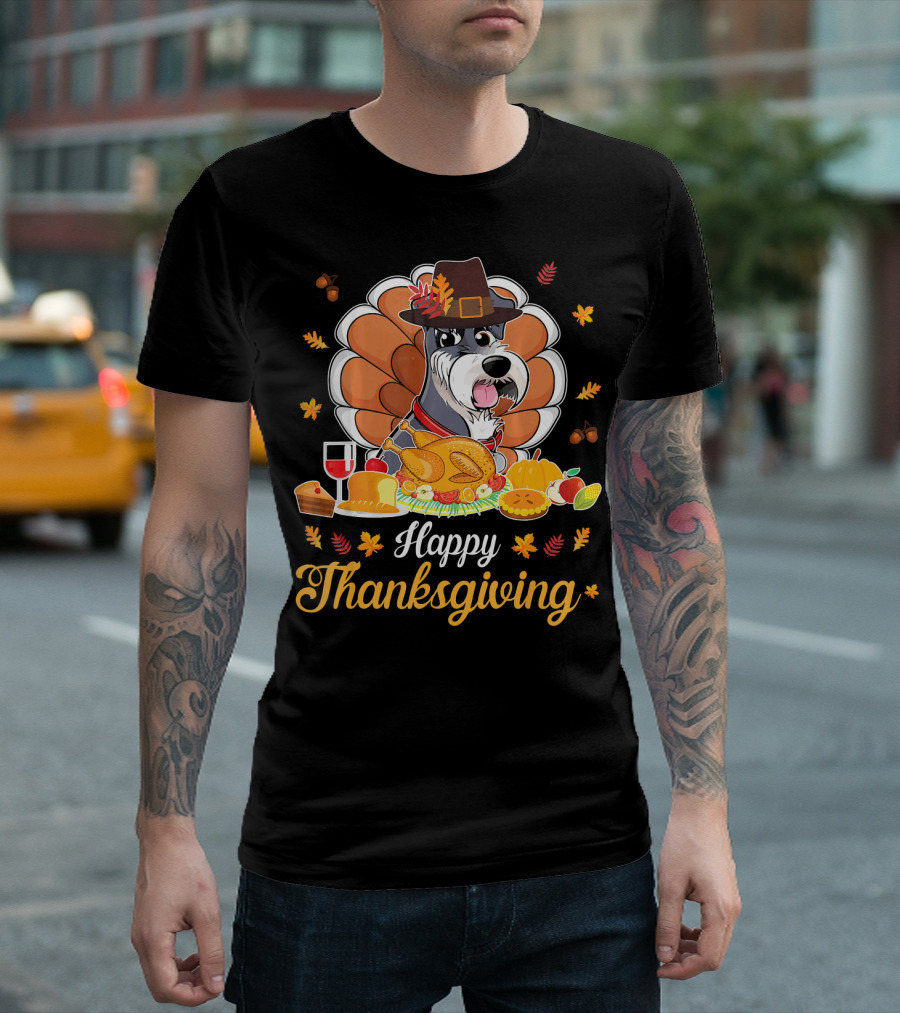 Happy Thanksgiving Schnauzer Pilgrim Turkey Feast Wine T-Shirt