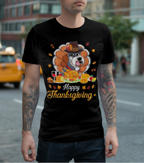 Happy Thanksgiving Schnauzer Pilgrim Turkey Feast Wine T-Shirt