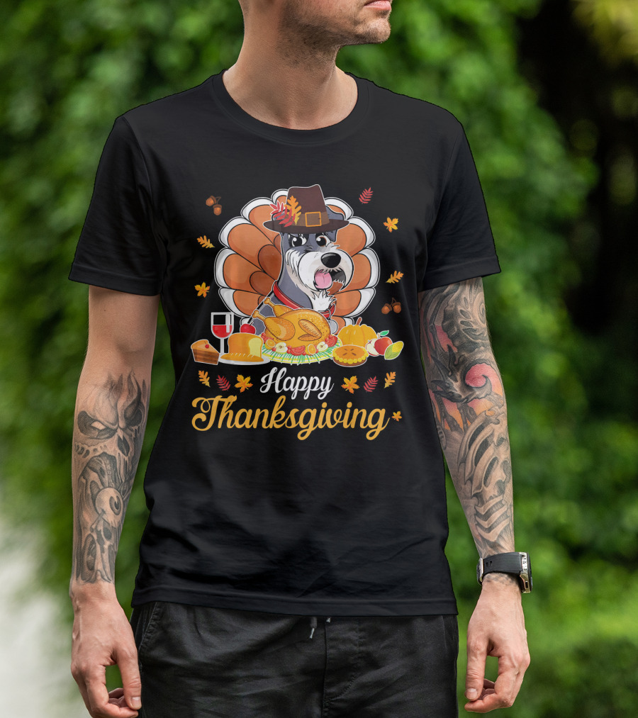 Happy Thanksgiving Schnauzer Pilgrim Turkey Feast Wine T-Shirt