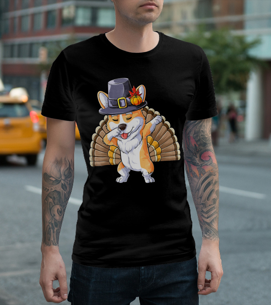 Thanksgiving Dabbing Corgi Pilgrim Hat Turkey Tail T-Shirt