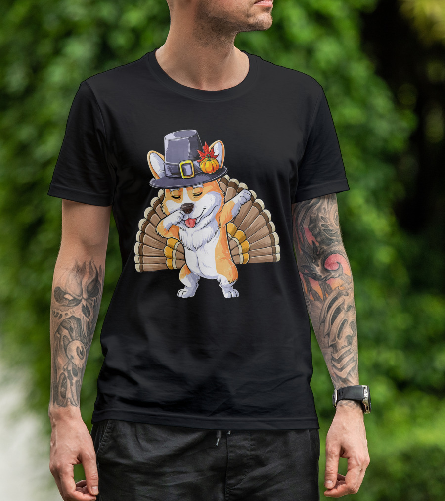 Thanksgiving Dabbing Corgi Pilgrim Hat Turkey Tail T-Shirt