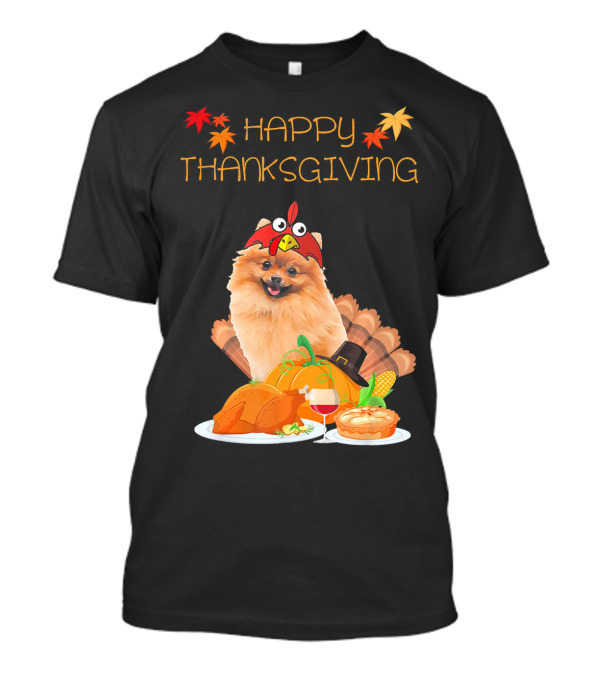 Happy Thanksgiving Day Pomeranian Turkey Pumpkin Pie T-Shirt