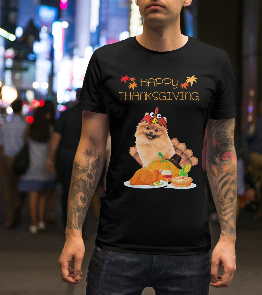 Happy Thanksgiving Day Pomeranian Turkey Pumpkin Pie T-Shirt