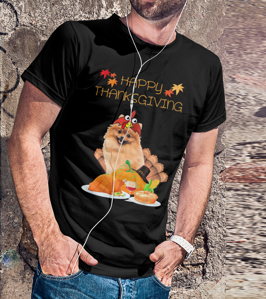 Happy Thanksgiving Day Pomeranian Turkey Pumpkin Pie T-Shirt
