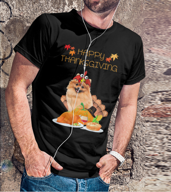 Happy Thanksgiving Day Pomeranian Turkey Pumpkin Pie T-Shirt