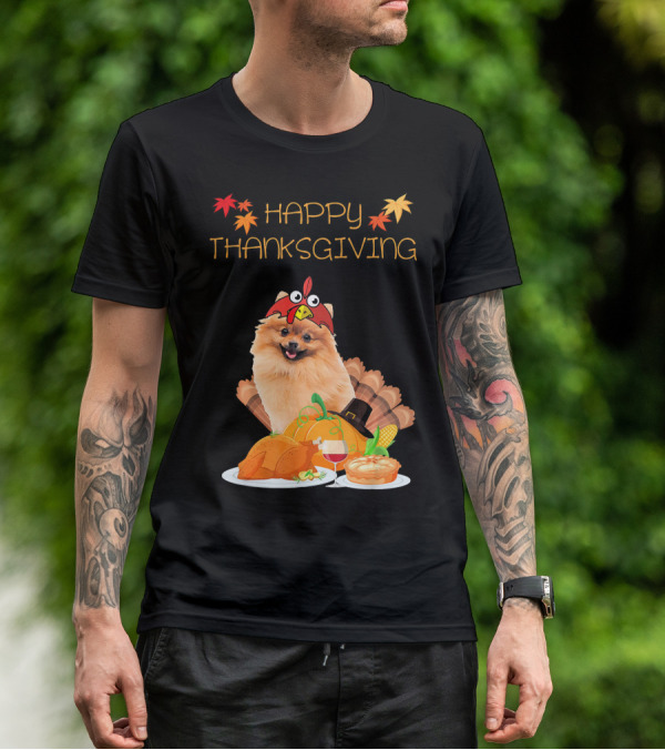Happy Thanksgiving Day Pomeranian Turkey Pumpkin Pie T-Shirt