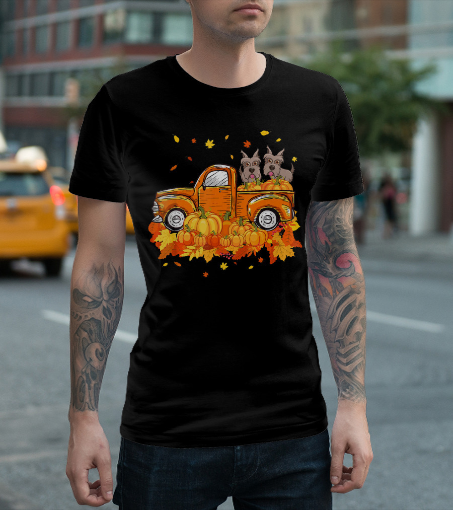 Scottie Dogs in Pumpkin-Filled Truck Surrounded by Autumn Leaves Halloween T-Shirt