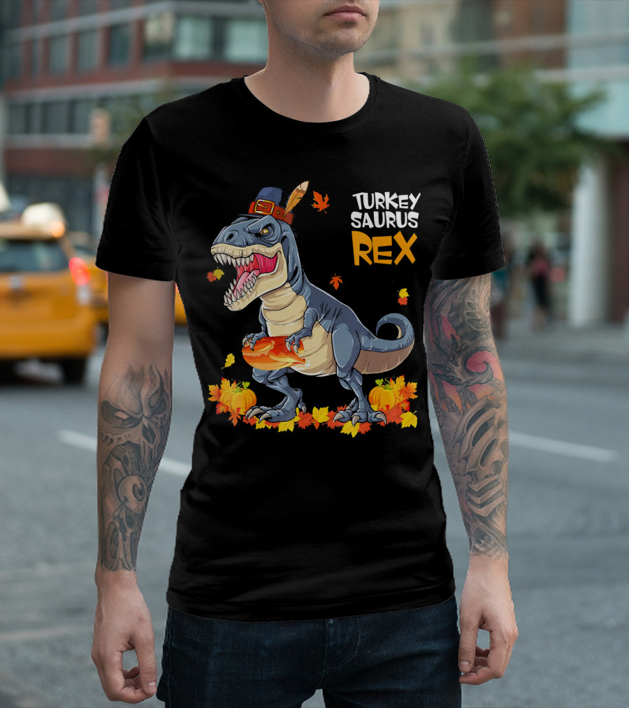 Turkey Saurus Rex Pilgrim Dinosaur Fall Leaves Pumpkins T-Shirt