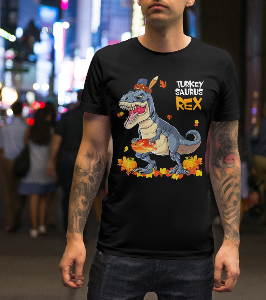 Turkey Saurus Rex Pilgrim Dinosaur Fall Leaves Pumpkins T-Shirt