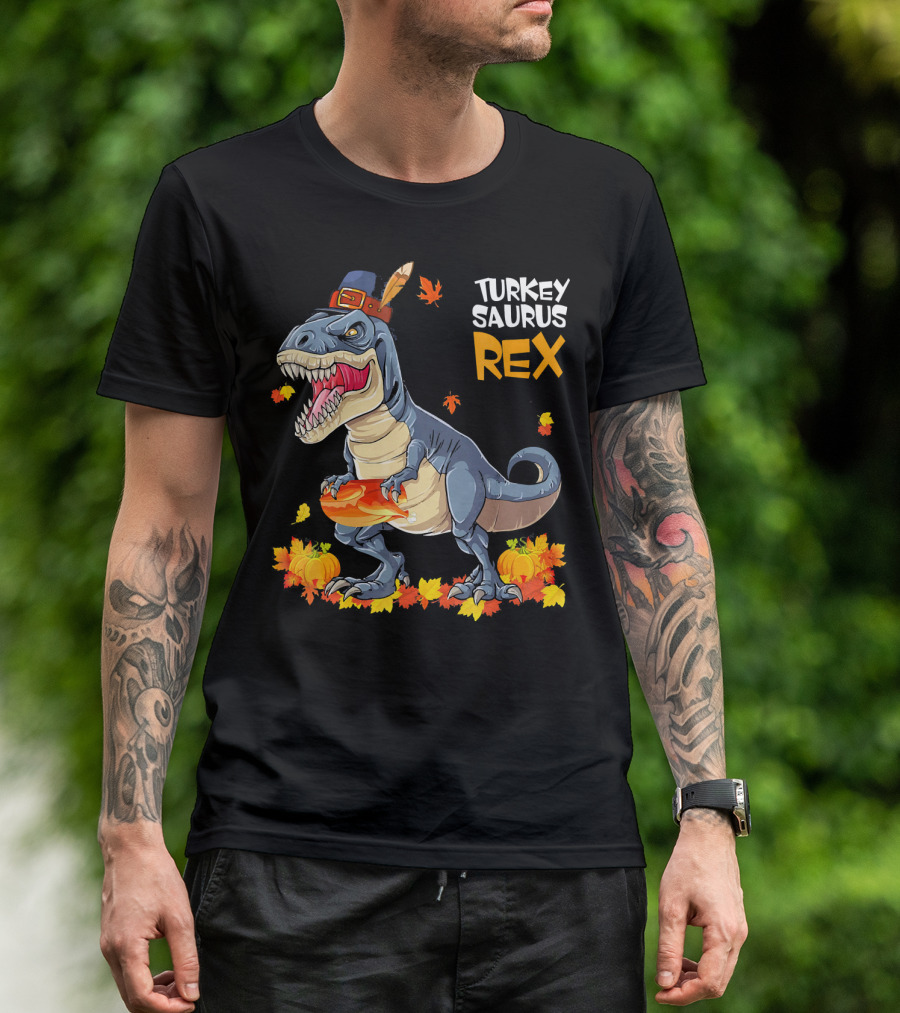Turkey Saurus Rex Pilgrim Dinosaur Fall Leaves Pumpkins T-Shirt