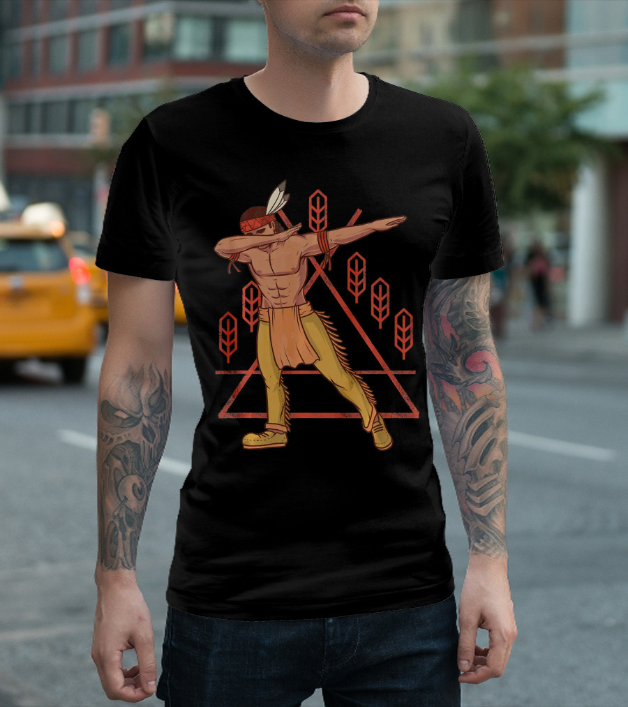 Thanksgiving Dabbing Native American Geometric Feather Motif T-Shirt