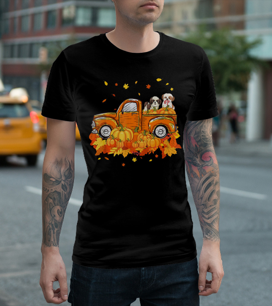 Shih Tzu Puppies in Pumpkin Truck with Autumn Leaves for Halloween T-Shirt