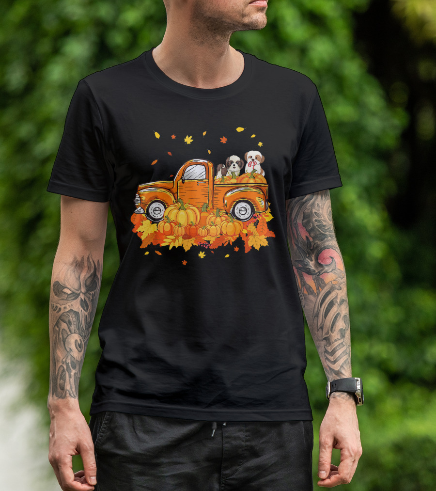 Shih Tzu Puppies In Pumpkin Truck With Autumn Leaves For Halloween T-Shirt