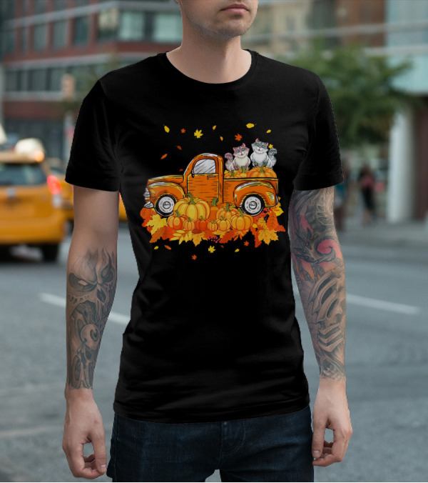 Cat Pumpkin Autumn Truck With Cats And Pumpkins T-Shirt