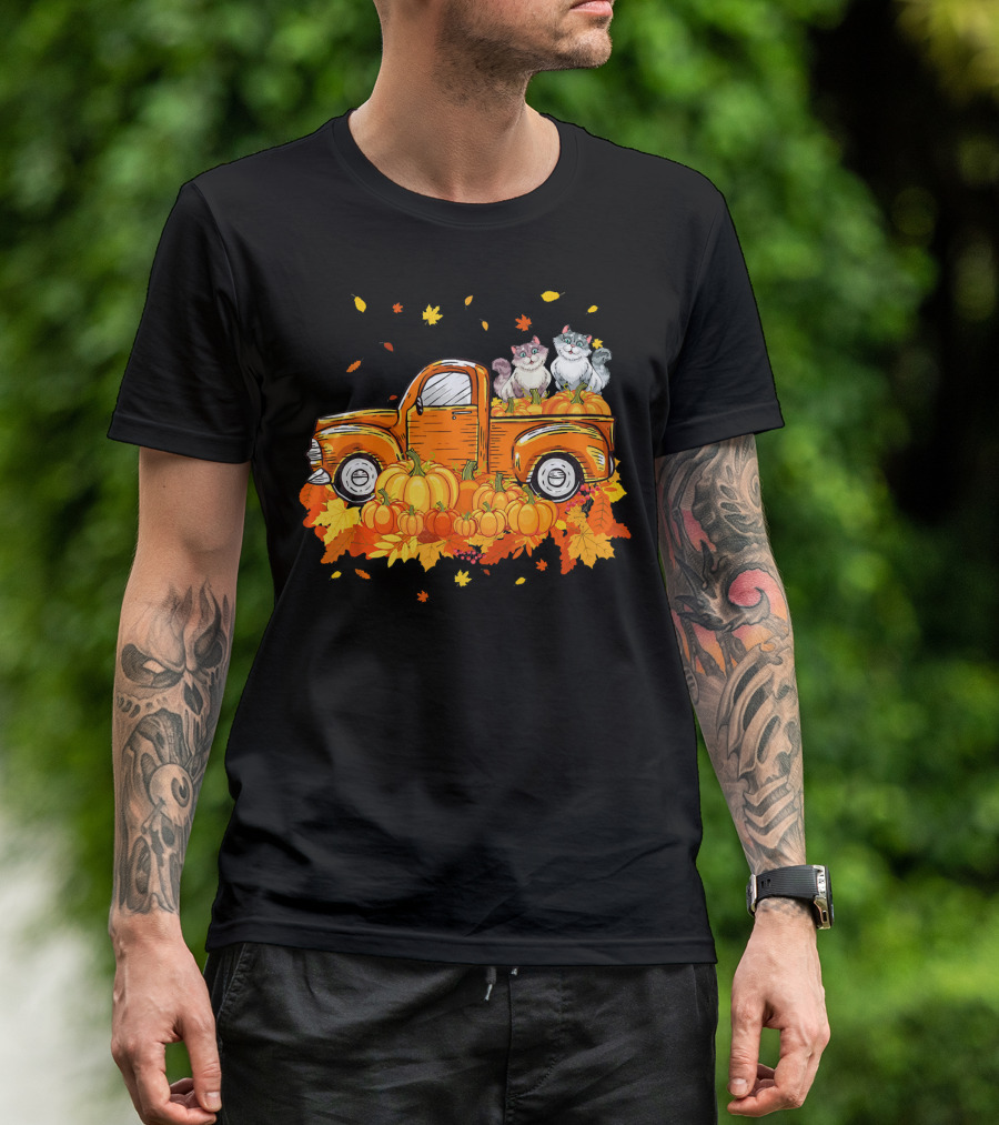 Cat Pumpkin Autumn Truck With Cats And Pumpkins T-Shirt