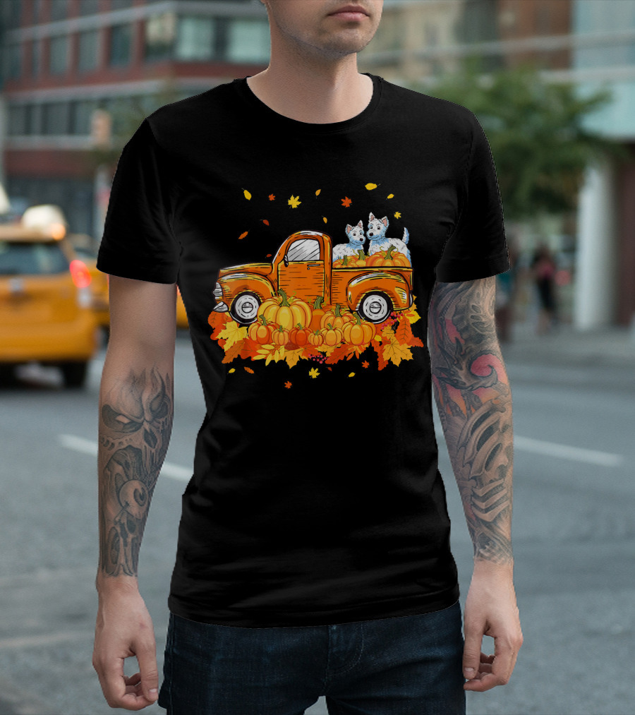 Westie Dogs In Pumpkin Truck With Fall Leaves Halloween T-Shirt