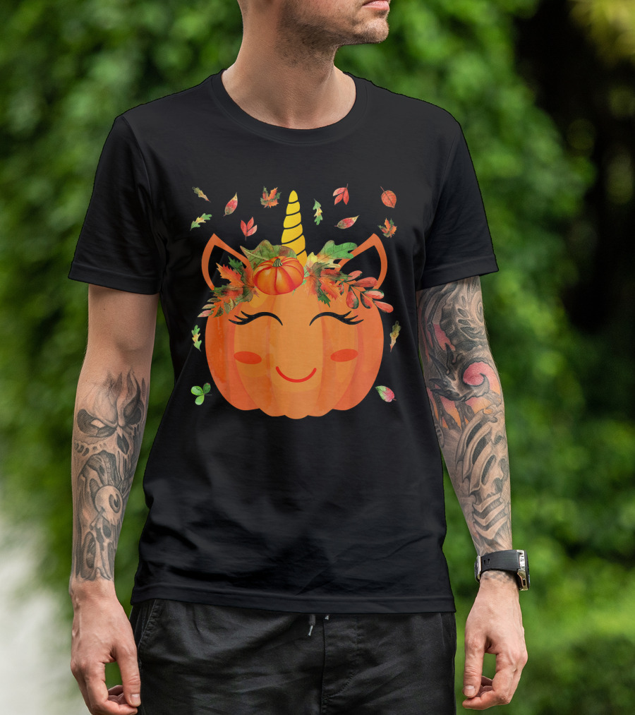 Cute Unicorn Pumpkin With Autumn Leaves And Horn T-Shirt