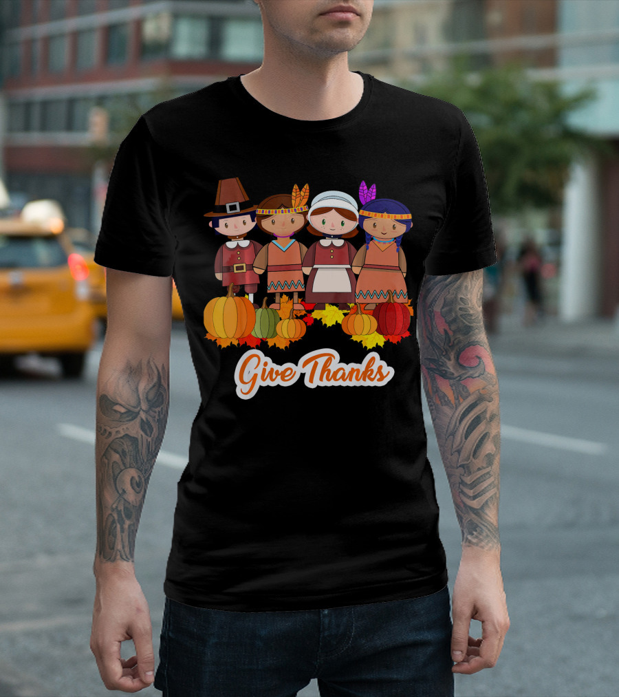 Give Thanks Thanksgiving Pilgrim And Native American With Pumpkins T-Shirt