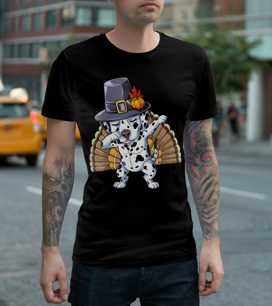 Thanksgiving Dabbing Dalmatian Pilgrim Hat Turkey Tail T-Shirt