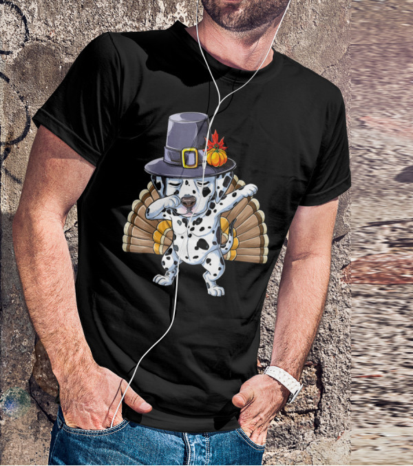 Thanksgiving Dabbing Dalmatian Pilgrim Hat Turkey Tail T-Shirt
