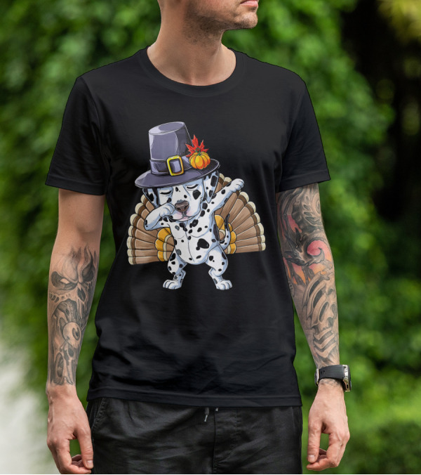 Thanksgiving Dabbing Dalmatian Pilgrim Hat Turkey Tail T-Shirt