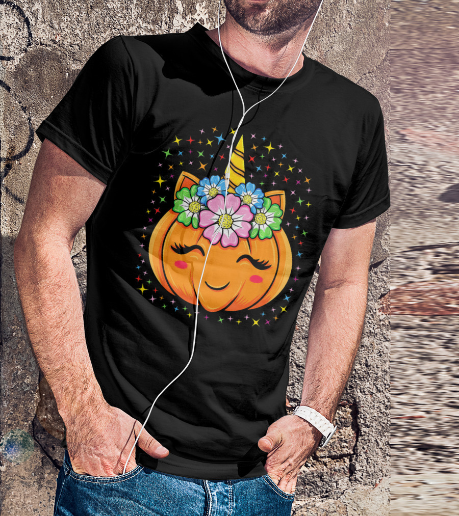 Unicorn Pumpkin Halloween Cute Floral Stars T-Shirt
