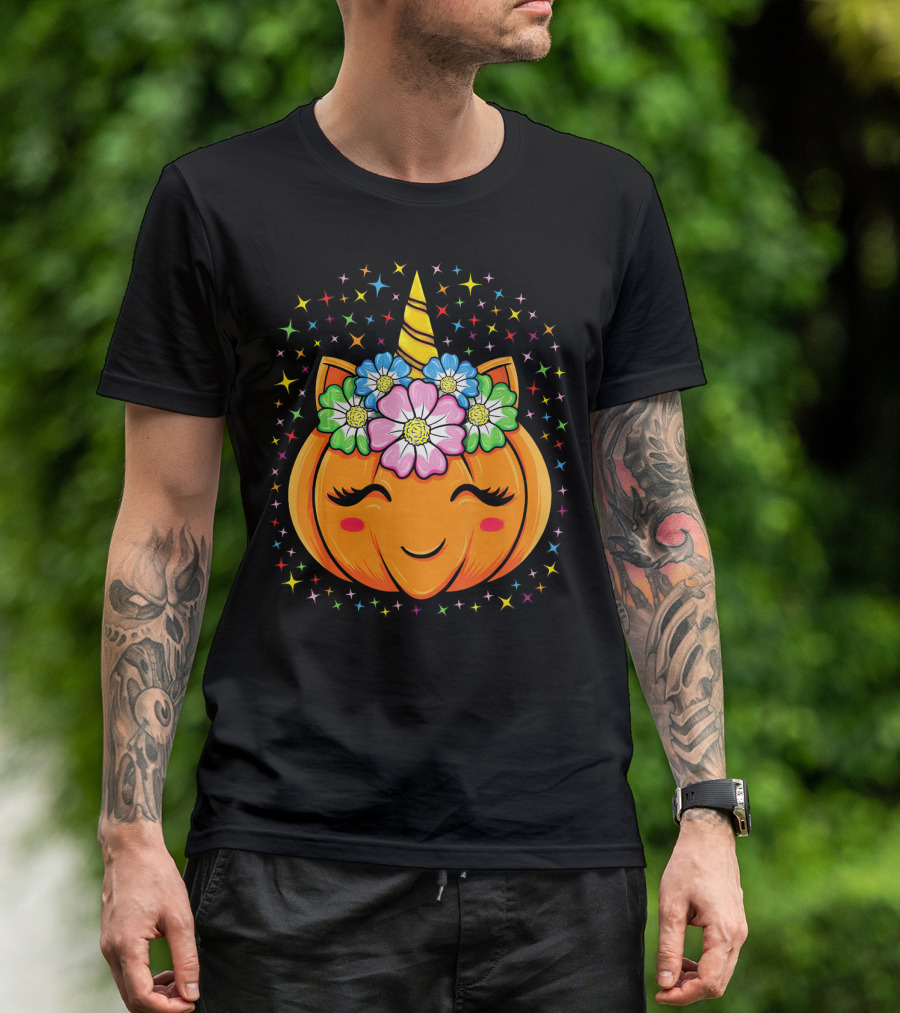 Unicorn Pumpkin Halloween Cute Floral Stars T-Shirt