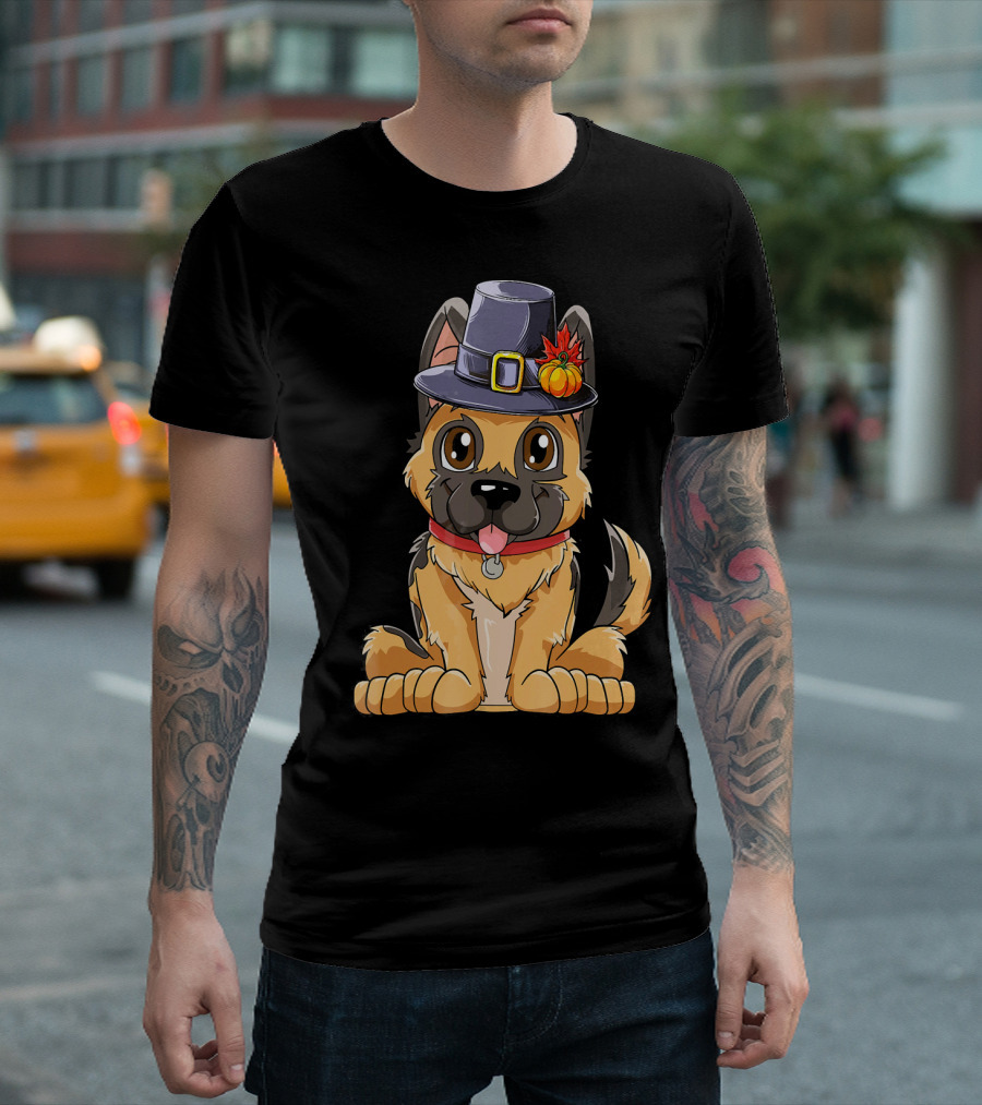 Thanksgiving Kids German Shepherd Cartoon Dog with Pilgrim Hat and Pumpkin T-Shirt