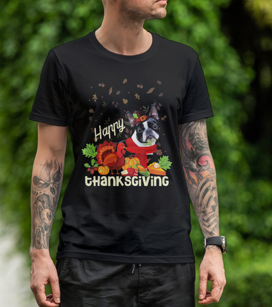 Happy Thanksgiving Boston Terrier Pilgrim With Turkey And Autumn Leaves T-Shirt