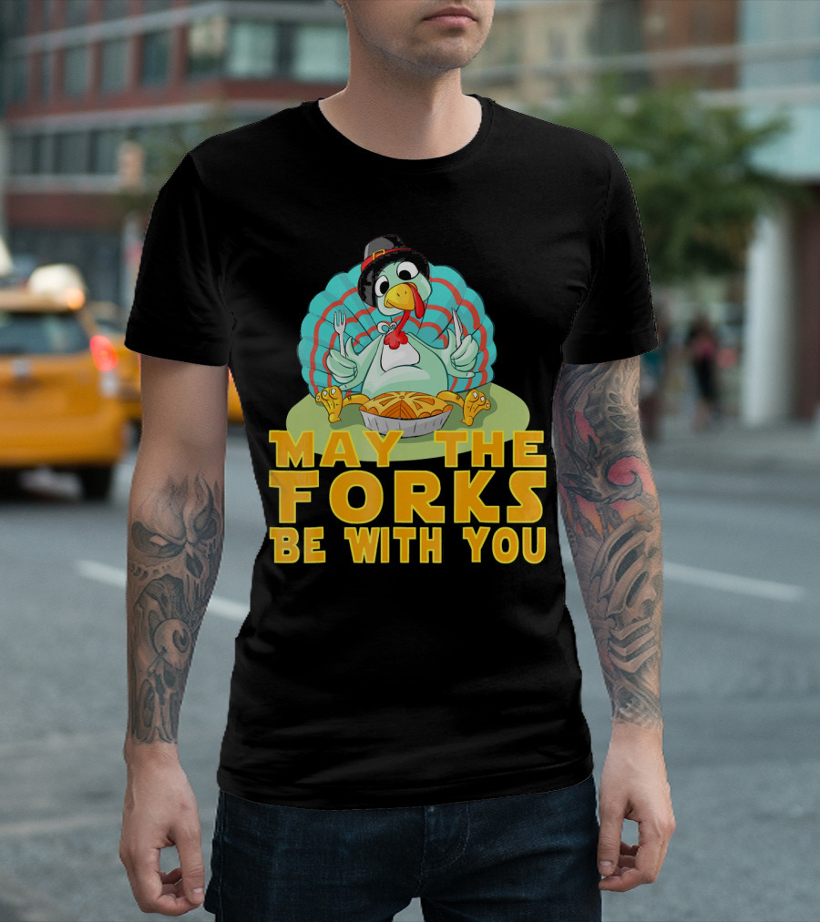Cute Thanksgiving Turkey May The Forks Be With You Holiday T-Shirt