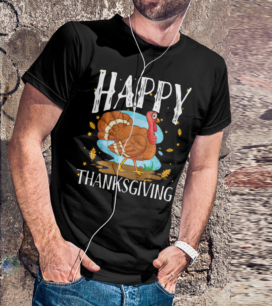 HAPPY THANKSGIVING FUNNY TURKEY COMIC STYLE LEAVES STARS T-Shirt