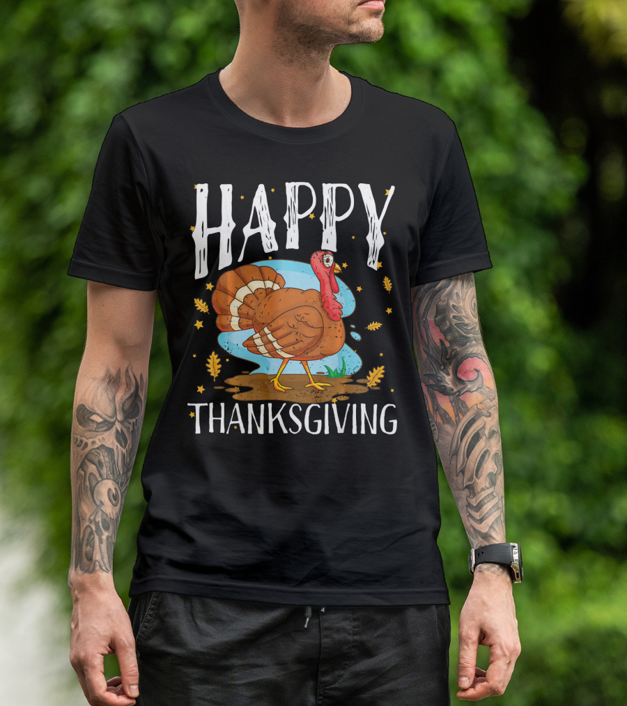HAPPY THANKSGIVING FUNNY TURKEY COMIC STYLE LEAVES STARS T-Shirt
