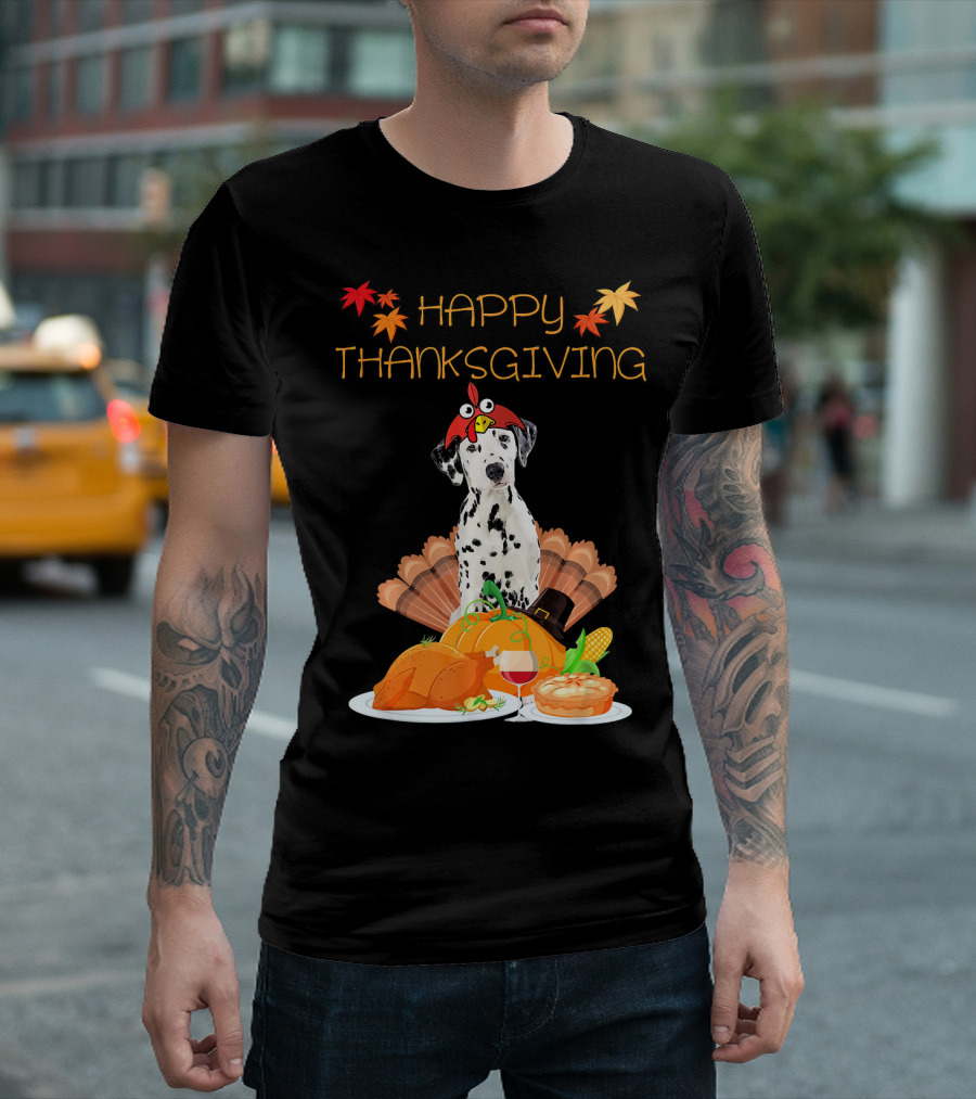 Happy Thanksgiving Dalmatian with Turkey Pumpkin Pie and Fall Leaves T-Shirt