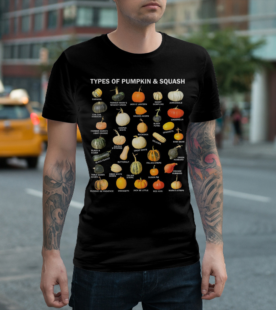 Types of Pumpkin and Squash Carnival to Mark's Stripe Autumn Harvest T-Shirt