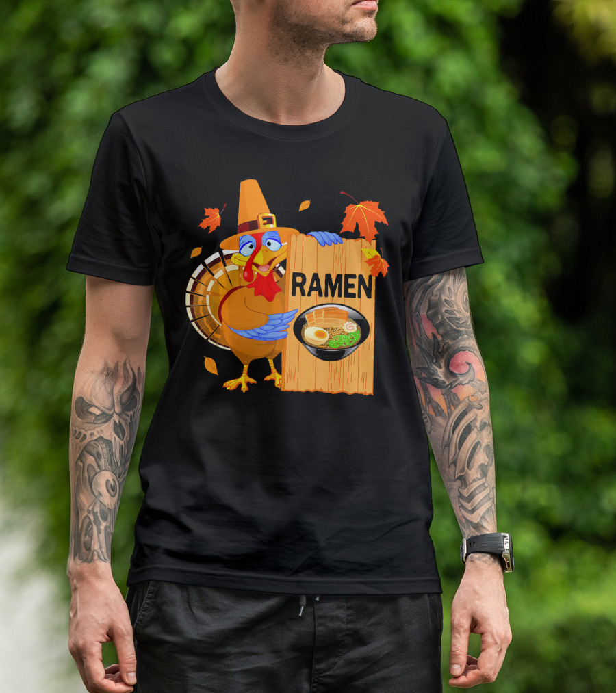 Thanksgiving Turkey With Ramen Bowl And Leaves T-Shirt