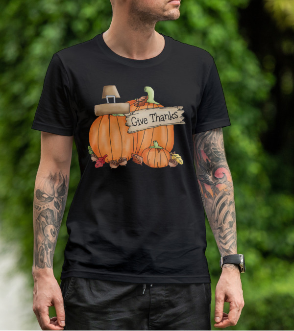 Give Thanks Pumpkin Pilgrim Hat Leaves Acorns T-Shirt