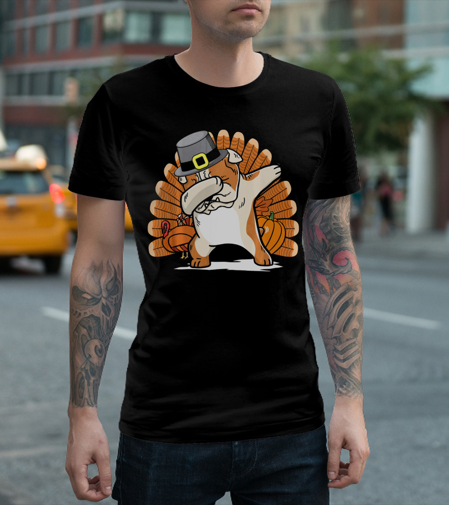 Funny Dabbing English Bulldog Thanksgiving Pilgrim Turkey Pumpkin T-Shirt
