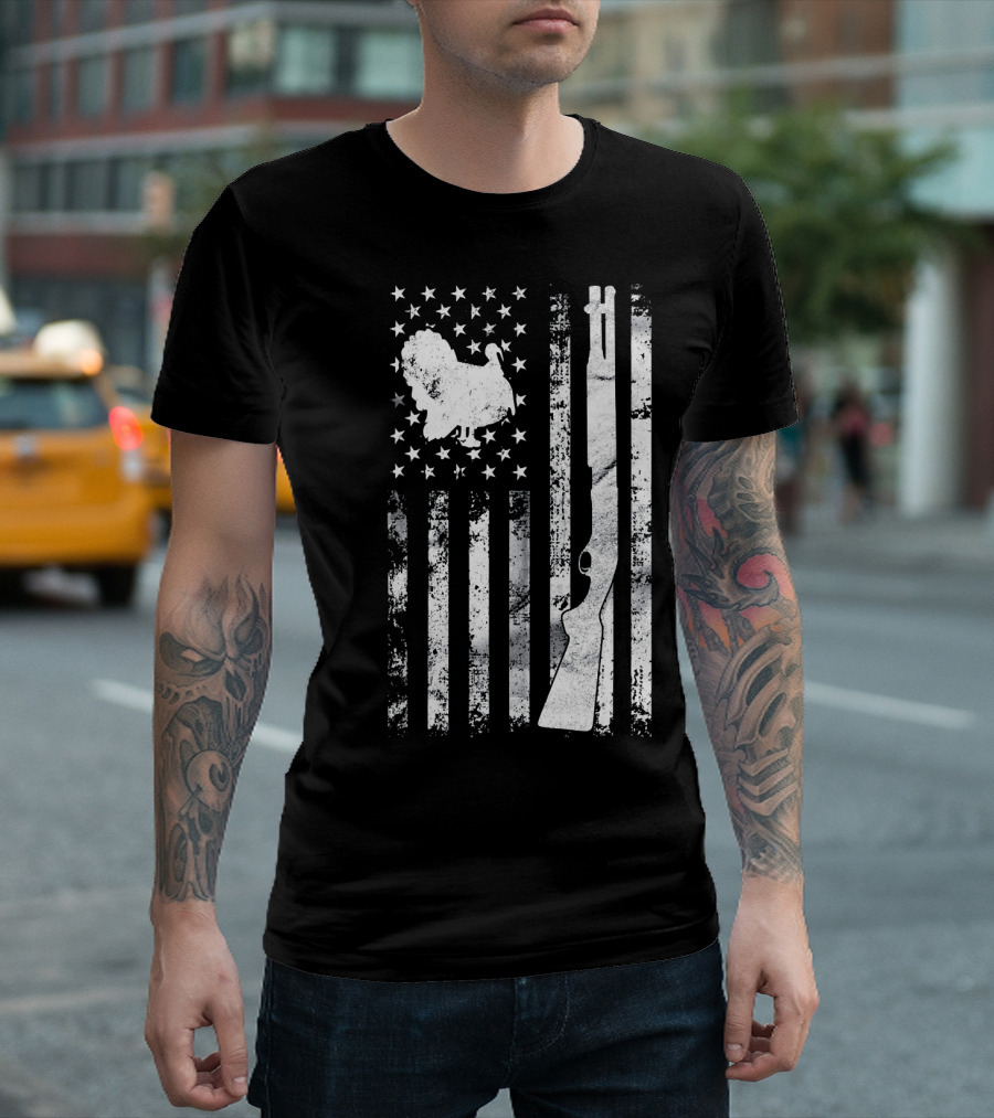 Turkey Hunting American Flag with Rifle and Stars T-Shirt