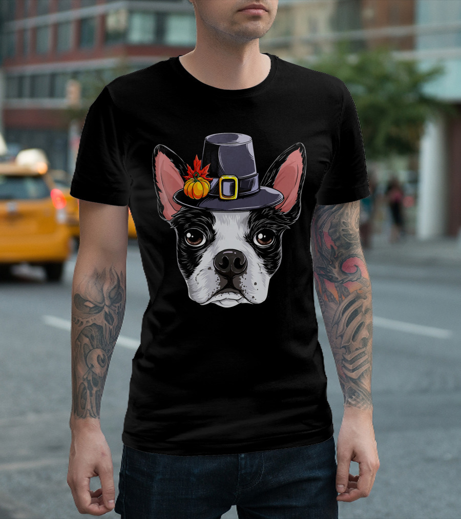 Thanksgiving Bo Boston Terrier in Pilgrim Hat with Pumpkin and Leaves T-Shirt