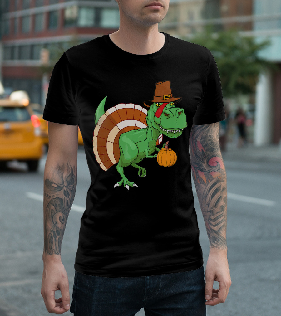 Thanksgiving T-Rex Turkey with Pilgrim Hat and Pumpkin T-Shirt