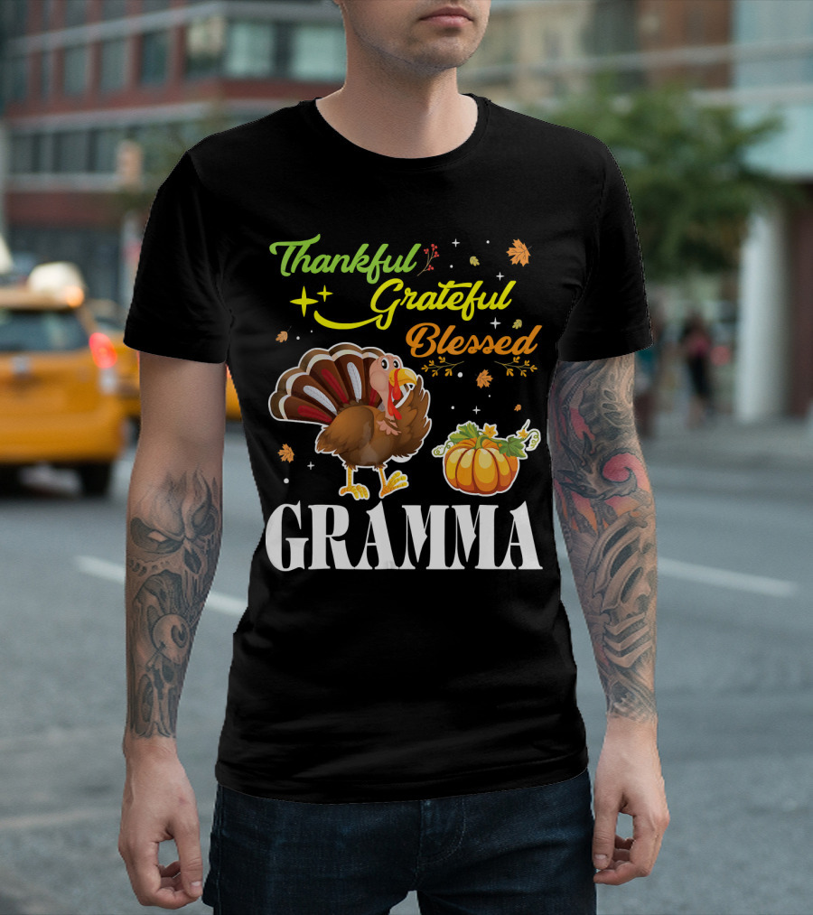 Thankful Grateful Blessed Gramma Turkey Pumpkin Thanksgiving Fall Leaves T-Shirt