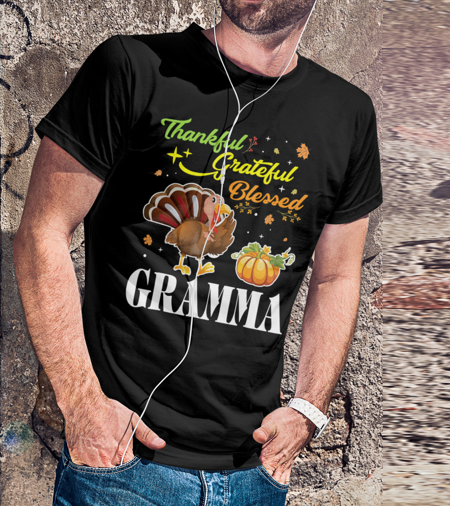 Thankful Grateful Blessed Gramma Turkey Pumpkin Thanksgiving Fall Leaves T-Shirt